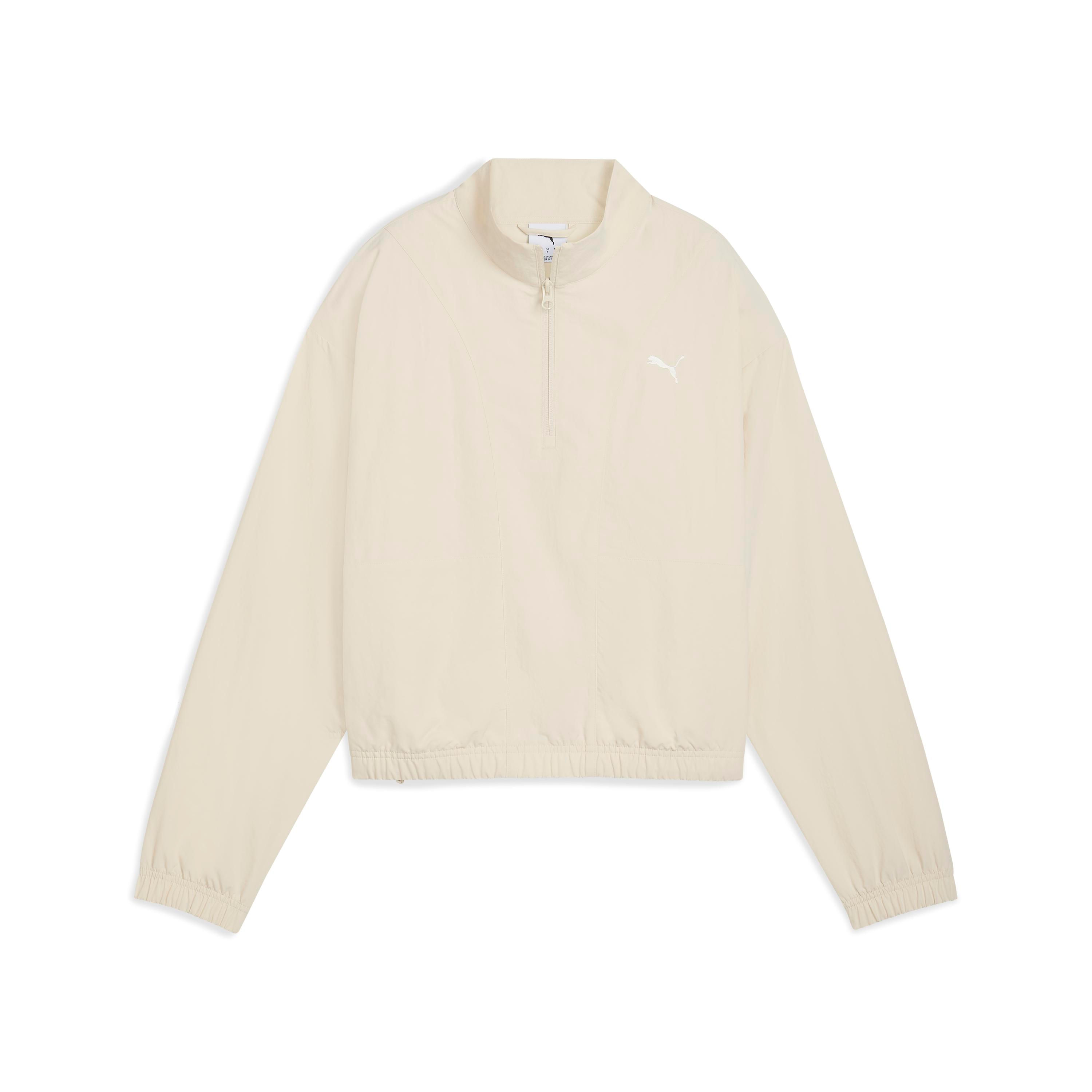 Vista plana do casaco feminino Puma Alpine Snow creme com gola alta e punhos elásticos